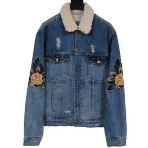 Oro Los Angeles Mens Jean Trucker Jacket Shearling Collar Size Large Blue Denim